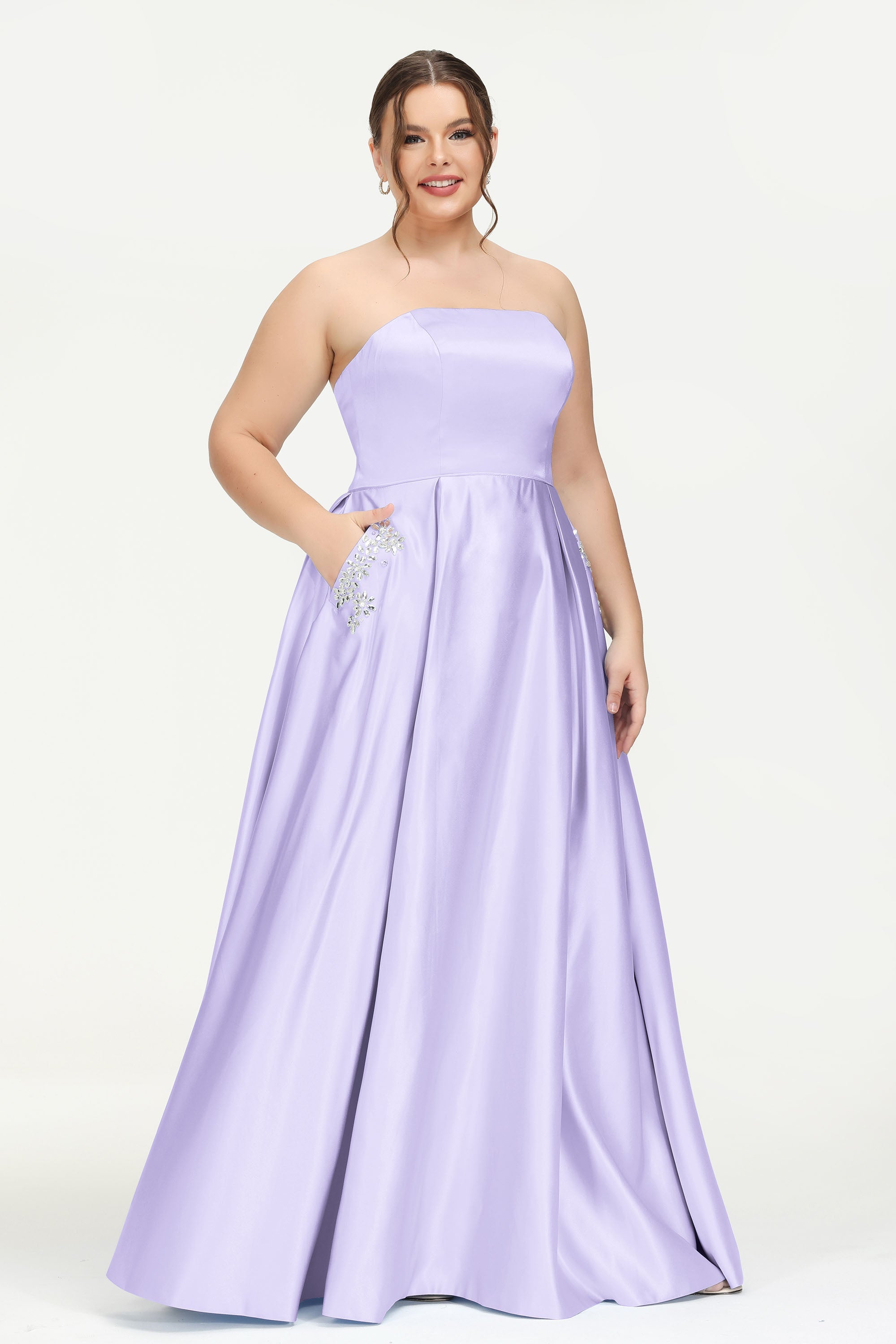 Strapless Satin A Line Princess Dress Rhinestone Ruched Formal Evening Prom Party Dresses