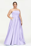 Strapless Satin A Line Princess Dress Rhinestone Ruched Formal Evening Prom Party Dresses