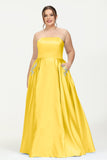 Strapless Satin A Line Princess Dress Rhinestone Ruched Formal Evening Prom Party Dresses