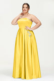 Strapless Satin A Line Princess Dress Rhinestone Ruched Formal Evening Prom Party Dresses