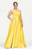 Strapless Satin A Line Princess Dress Rhinestone Ruched Formal Evening Prom Party Dresses