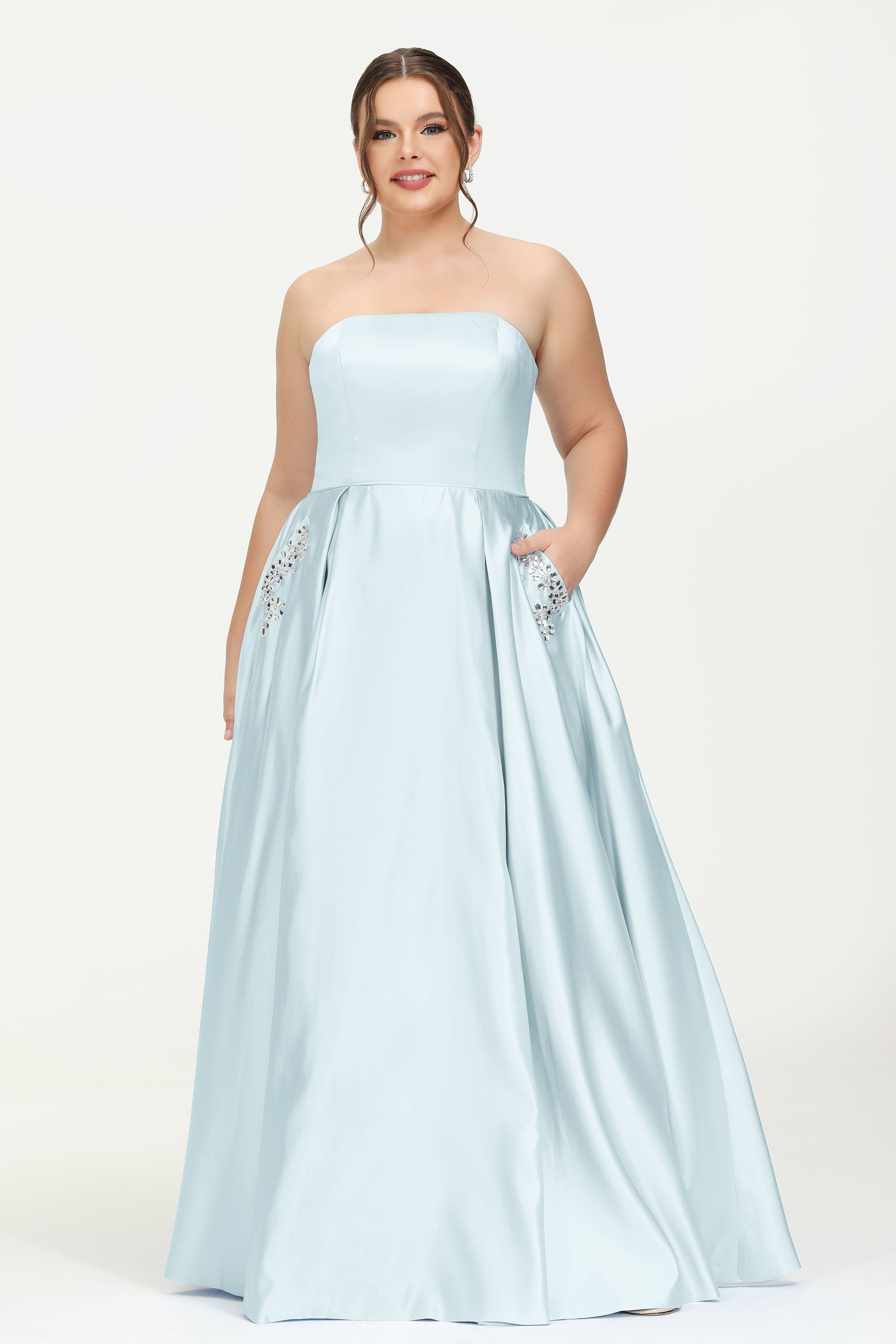 Strapless Satin A Line Princess Dress Rhinestone Ruched Formal Evening Prom Party Dresses