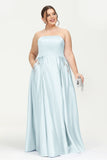 Strapless Satin A Line Princess Dress Rhinestone Ruched Formal Evening Prom Party Dresses