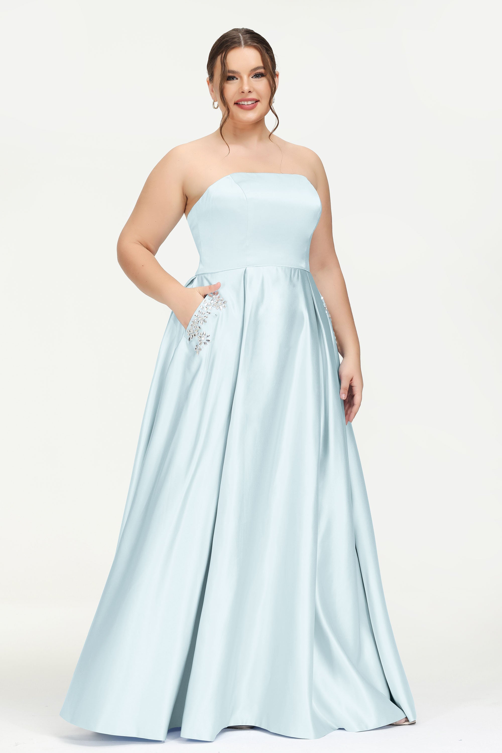 Strapless Satin A Line Princess Dress Rhinestone Ruched Formal Evening Prom Party Dresses