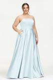 Strapless Satin A Line Princess Dress Rhinestone Ruched Formal Evening Prom Party Dresses