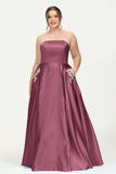 Strapless Satin A Line Princess Dress Rhinestone Ruched Formal Evening Prom Party Dresses