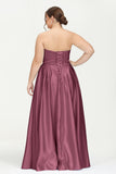 Strapless Satin A Line Princess Dress Rhinestone Ruched Formal Evening Prom Party Dresses