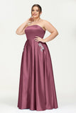 Strapless Satin A Line Princess Dress Rhinestone Ruched Formal Evening Prom Party Dresses