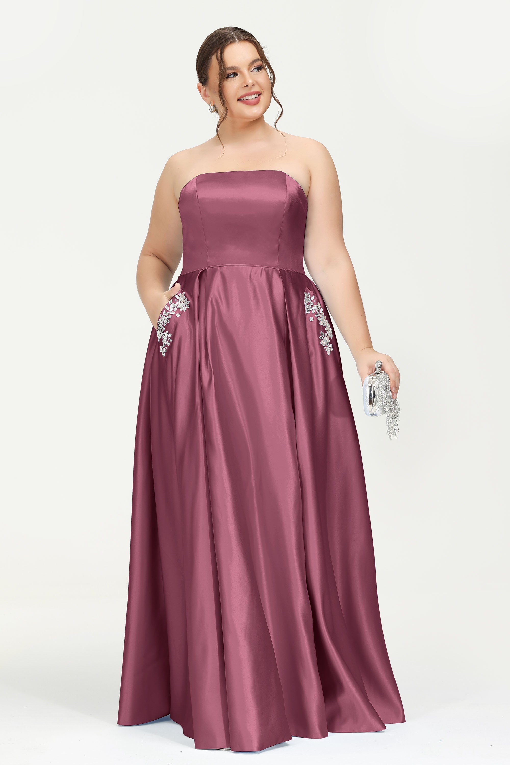 Strapless Satin A Line Princess Dress Rhinestone Ruched Formal Evening Prom Party Dresses