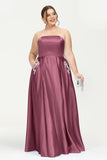 Strapless Satin A Line Princess Dress Rhinestone Ruched Formal Evening Prom Party Dresses