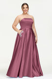 Strapless Satin A Line Princess Dress Rhinestone Ruched Formal Evening Prom Party Dresses