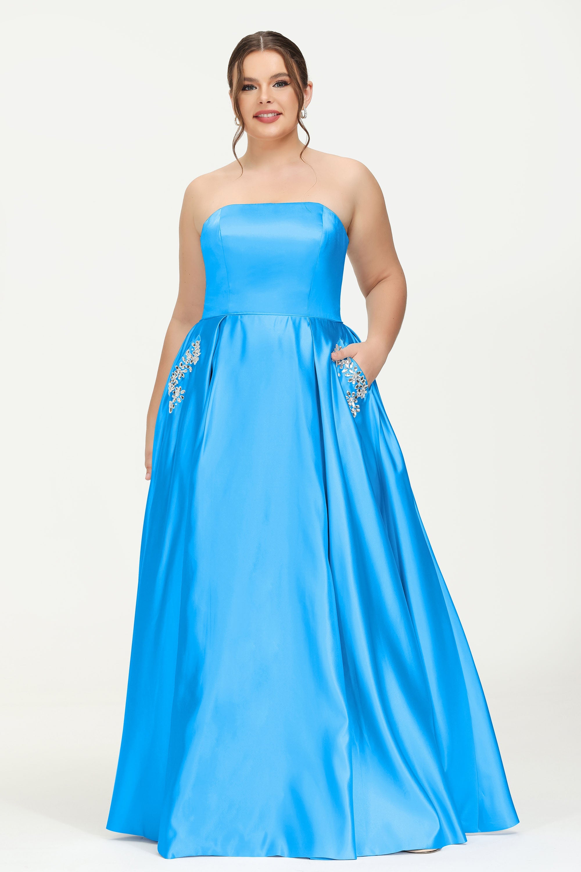 Strapless Satin A Line Princess Dress Rhinestone Ruched Formal Evening Prom Party Dresses