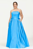 Strapless Satin A Line Princess Dress Rhinestone Ruched Formal Evening Prom Party Dresses