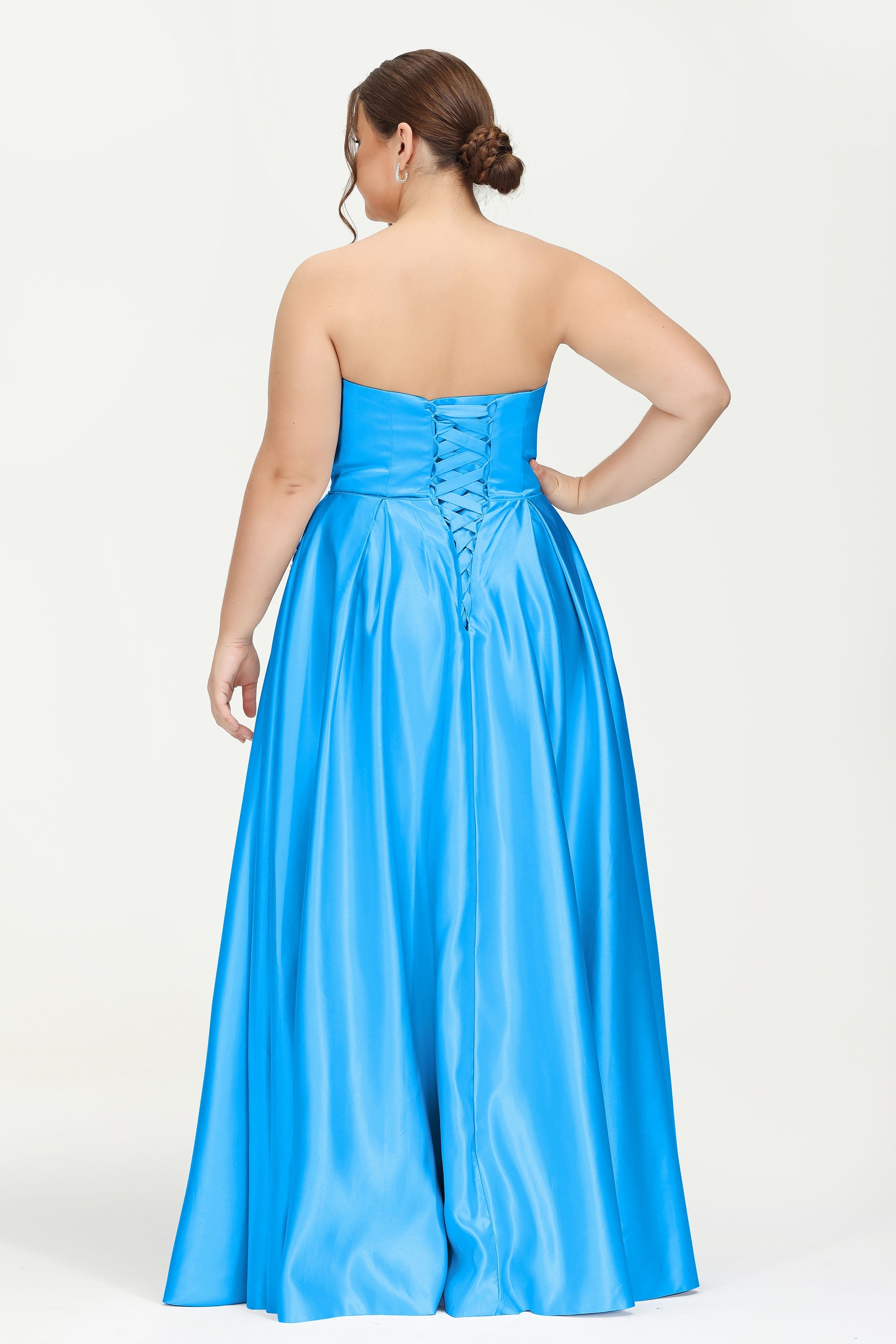 Strapless Satin A Line Princess Dress Rhinestone Ruched Formal Evening Prom Party Dresses
