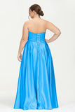 Strapless Satin A Line Princess Dress Rhinestone Ruched Formal Evening Prom Party Dresses