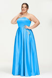 Strapless Satin A Line Princess Dress Rhinestone Ruched Formal Evening Prom Party Dresses