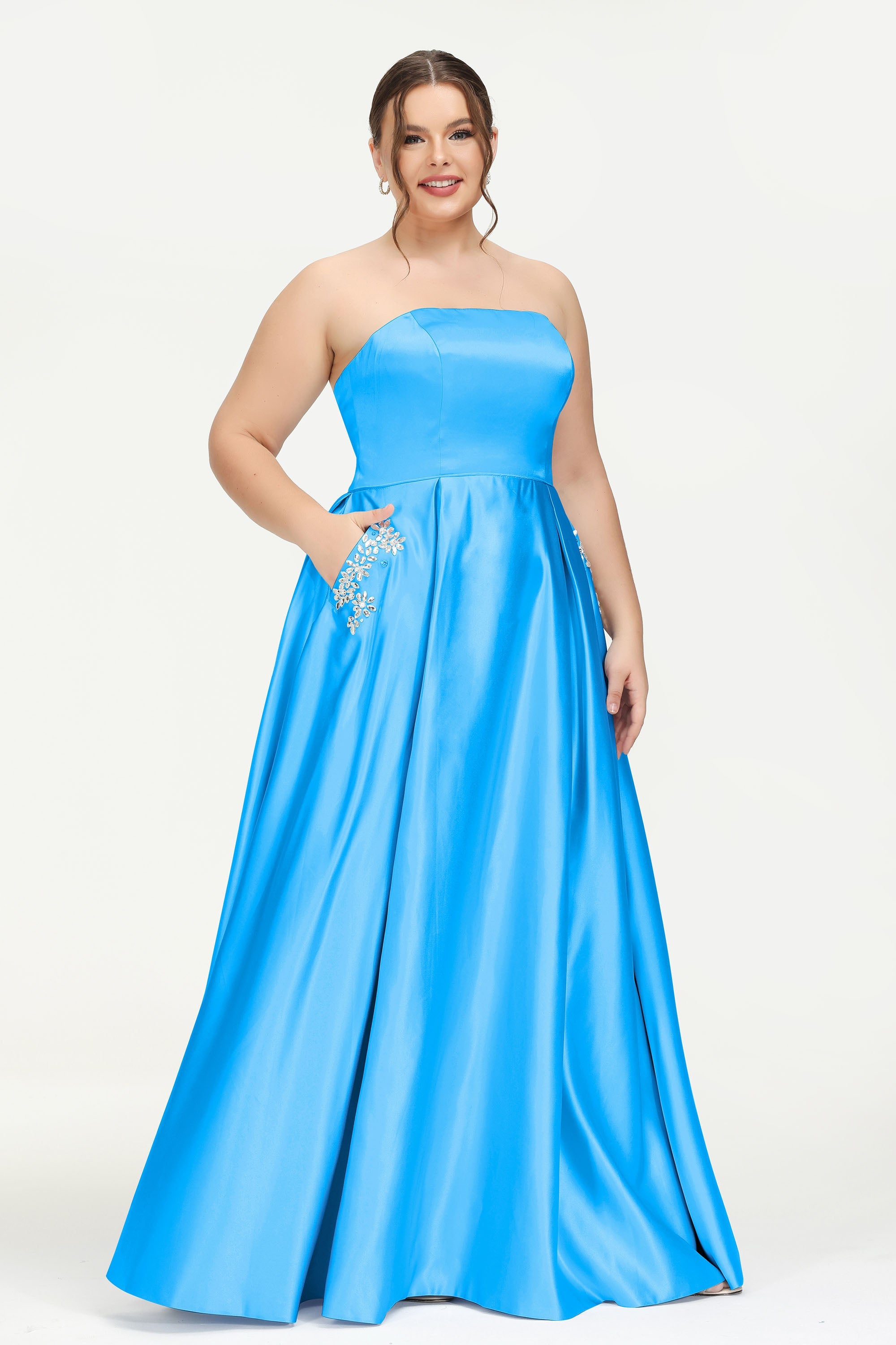 Strapless Satin A Line Princess Dress Rhinestone Ruched Formal Evening Prom Party Dresses