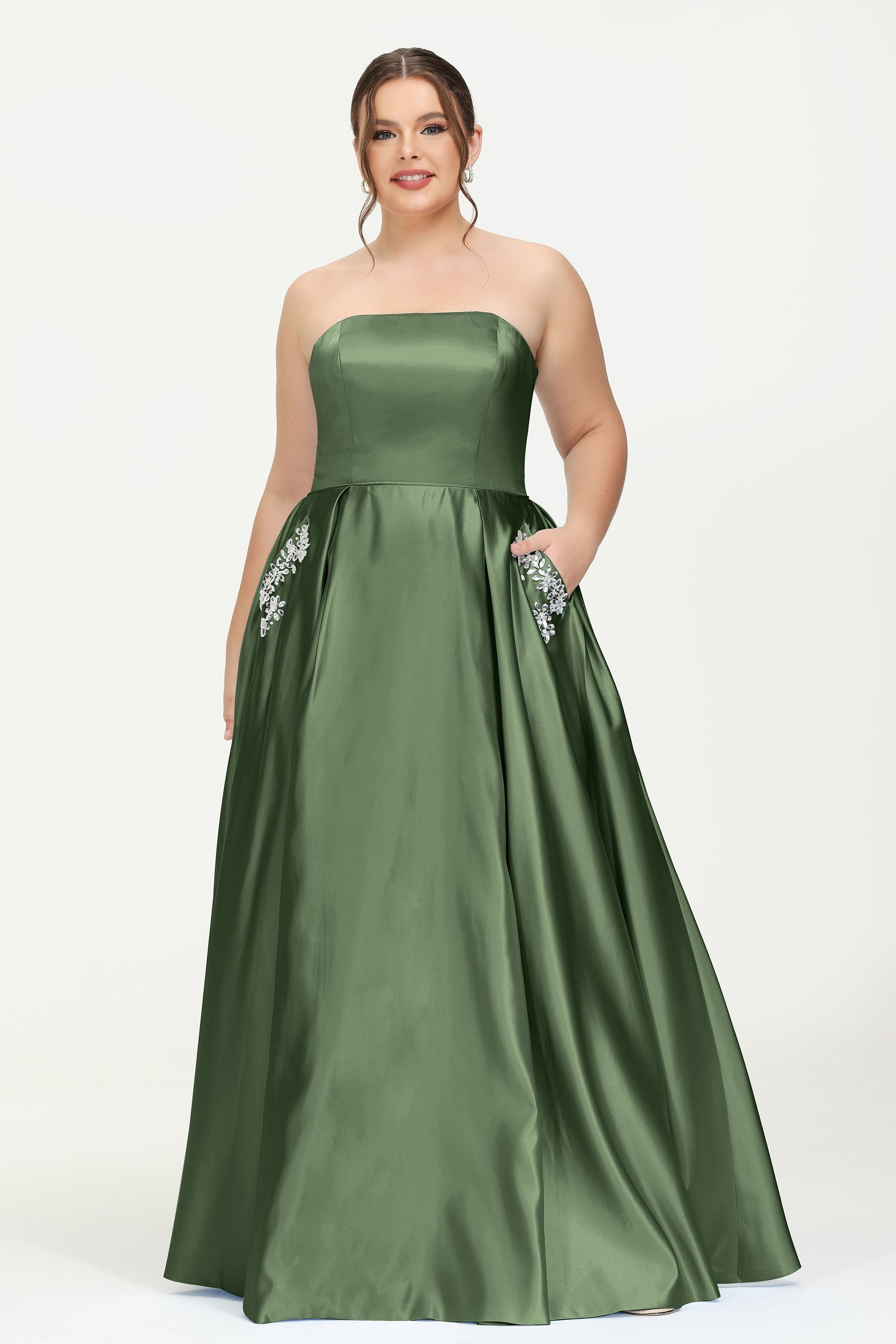 Strapless Satin A Line Princess Dress Rhinestone Ruched Formal Evening Prom Party Dresses
