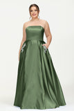 Strapless Satin A Line Princess Dress Rhinestone Ruched Formal Evening Prom Party Dresses
