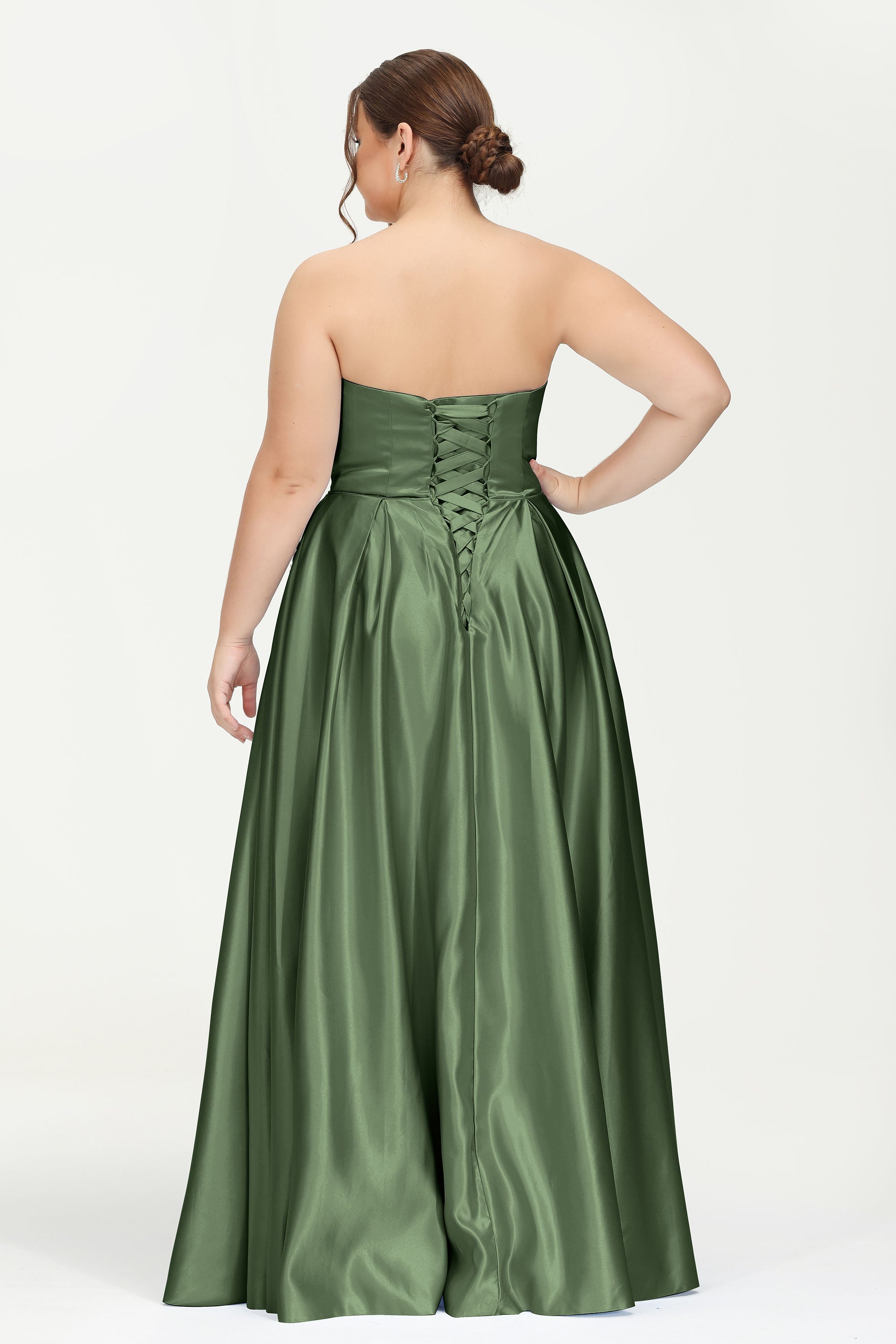 Strapless Satin A Line Princess Dress Rhinestone Ruched Formal Evening Prom Party Dresses