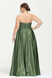 Strapless Satin A Line Princess Dress Rhinestone Ruched Formal Evening Prom Party Dresses