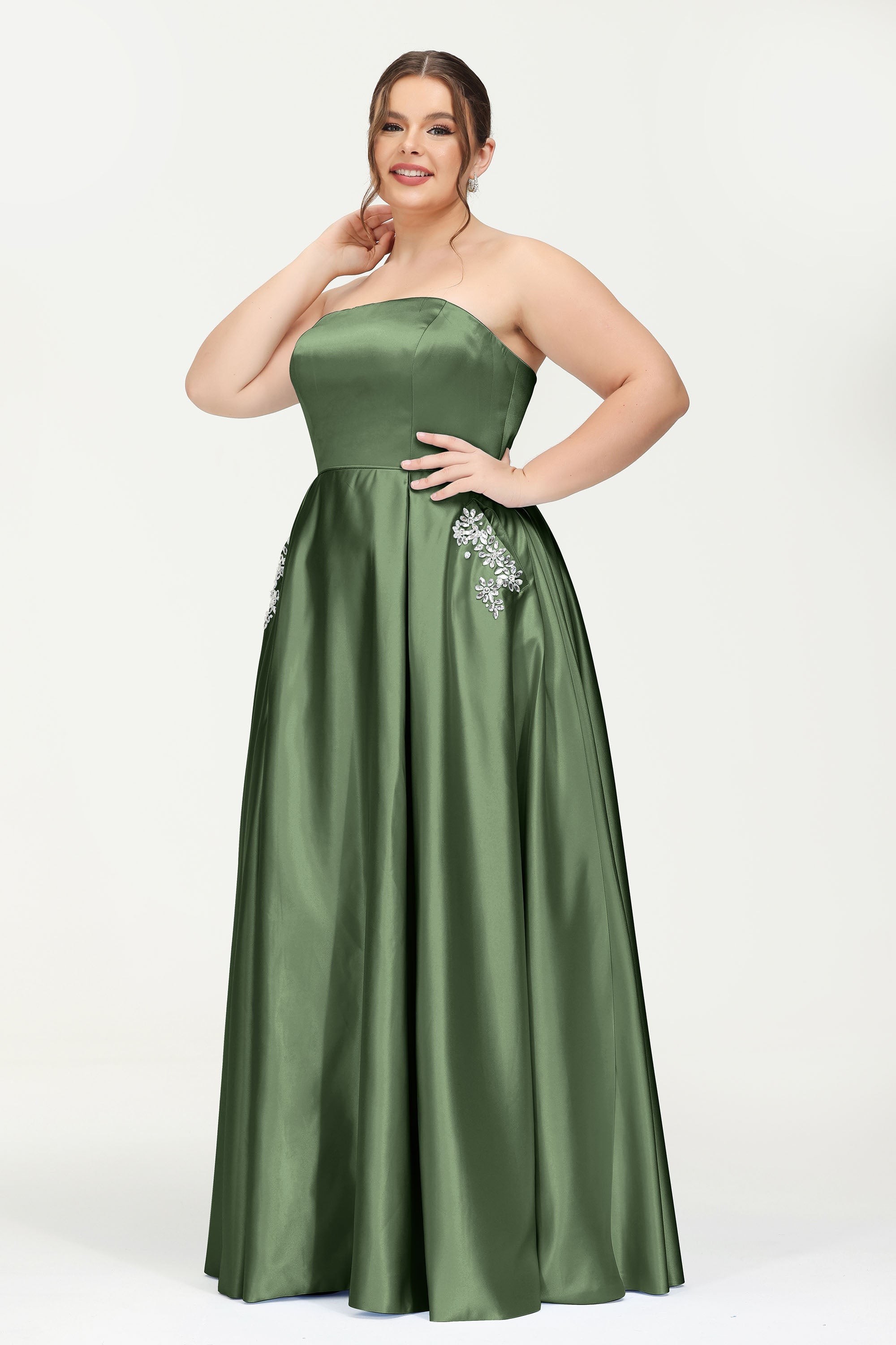 Strapless Satin A Line Princess Dress Rhinestone Ruched Formal Evening Prom Party Dresses