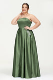 Strapless Satin A Line Princess Dress Rhinestone Ruched Formal Evening Prom Party Dresses