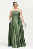 Strapless Satin A Line Princess Dress Rhinestone Ruched Formal Evening Prom Party Dresses