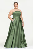 Strapless Satin A Line Princess Dress Rhinestone Ruched Formal Evening Prom Party Dresses