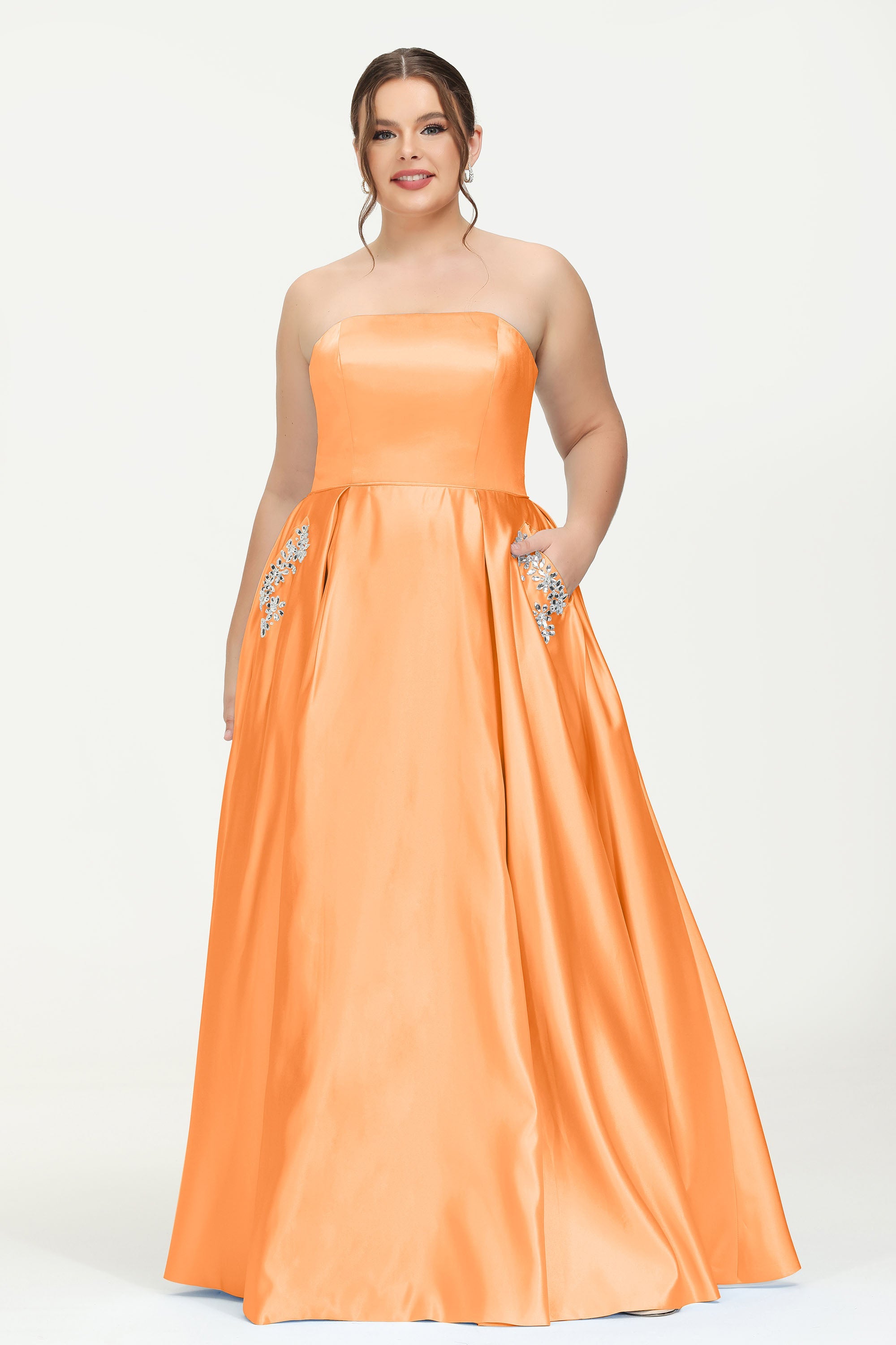 Strapless Satin A Line Princess Dress Rhinestone Ruched Formal Evening Prom Party Dresses