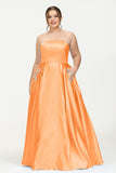 Strapless Satin A Line Princess Dress Rhinestone Ruched Formal Evening Prom Party Dresses