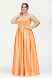 Strapless Satin A Line Princess Dress Rhinestone Ruched Formal Evening Prom Party Dresses