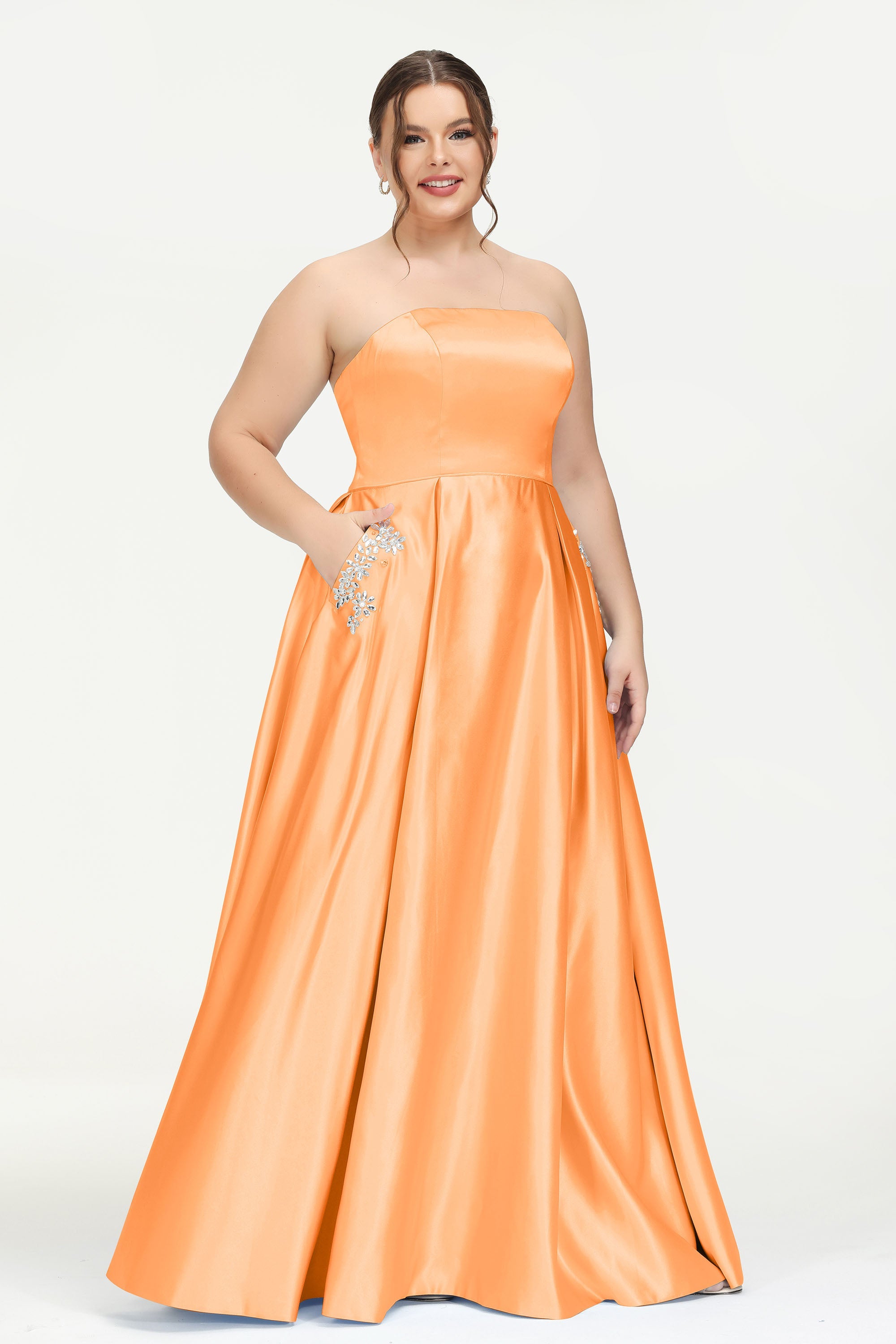 Strapless Satin A Line Princess Dress Rhinestone Ruched Formal Evening Prom Party Dresses
