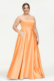 Strapless Satin A Line Princess Dress Rhinestone Ruched Formal Evening Prom Party Dresses