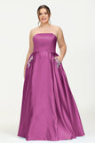Strapless Satin A Line Princess Dress Rhinestone Ruched Formal Evening Prom Party Dresses