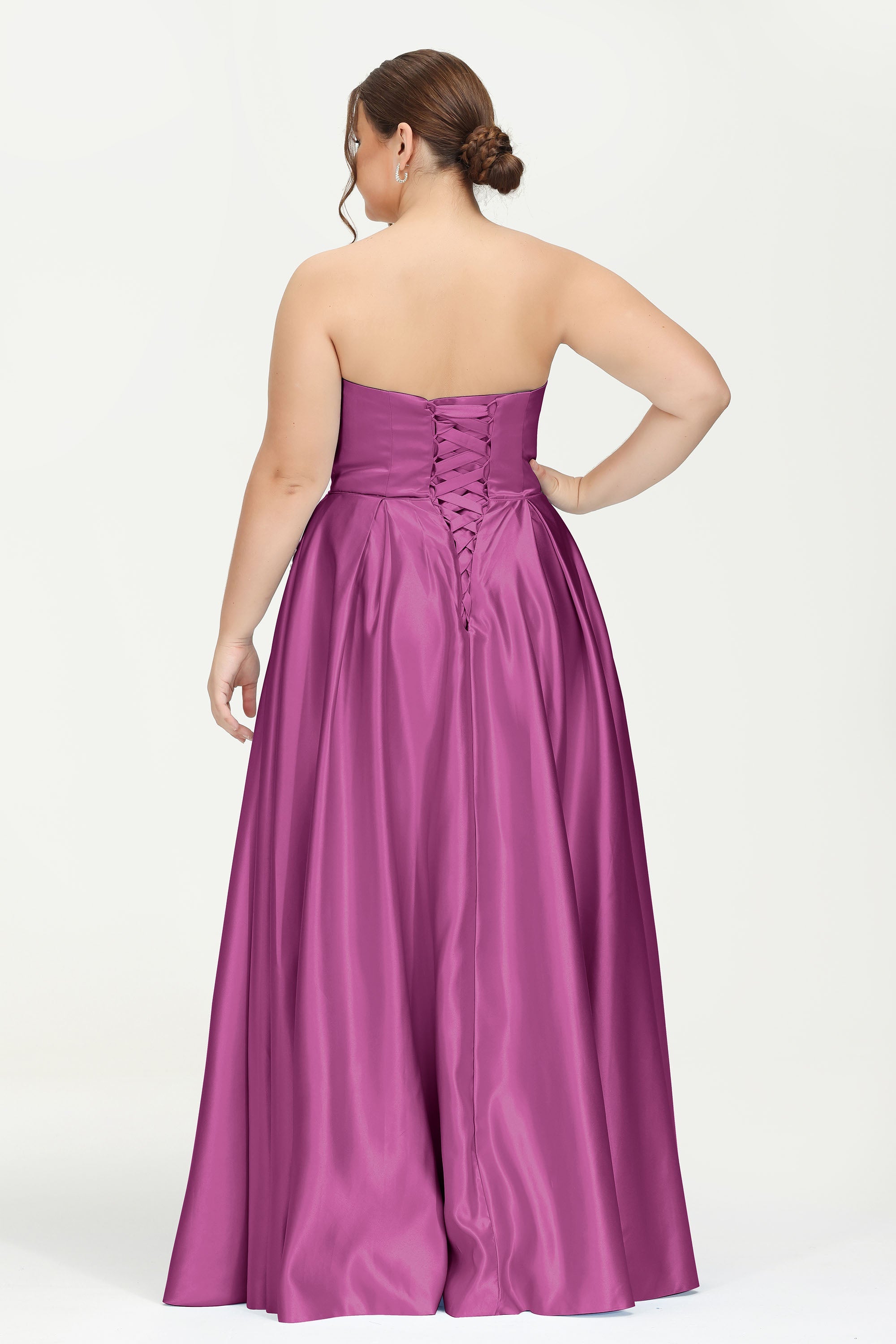 Strapless Satin A Line Princess Dress Rhinestone Ruched Formal Evening Prom Party Dresses