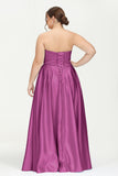 Strapless Satin A Line Princess Dress Rhinestone Ruched Formal Evening Prom Party Dresses