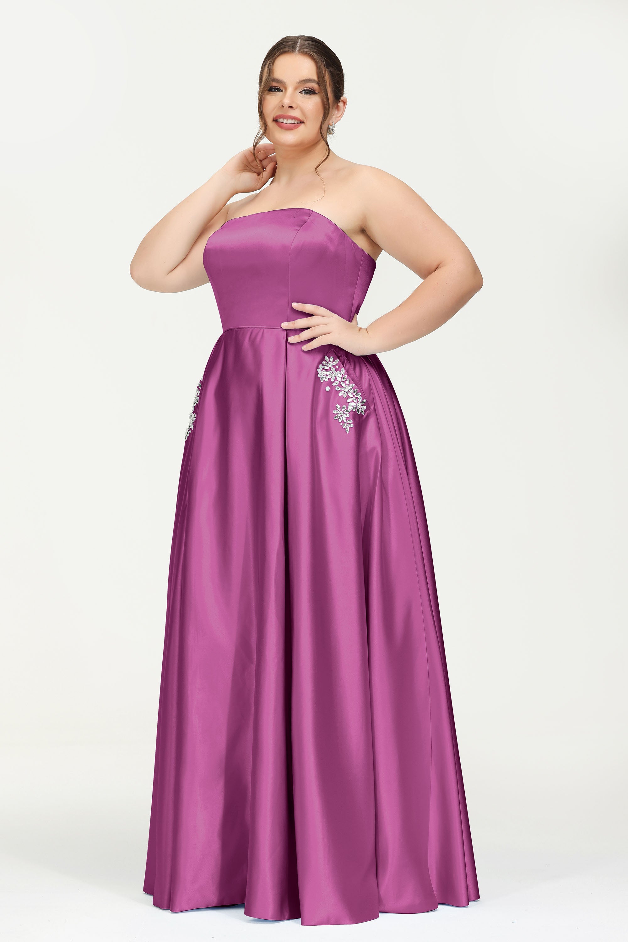 Strapless Satin A Line Princess Dress Rhinestone Ruched Formal Evening Prom Party Dresses