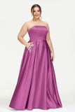 Strapless Satin A Line Princess Dress Rhinestone Ruched Formal Evening Prom Party Dresses