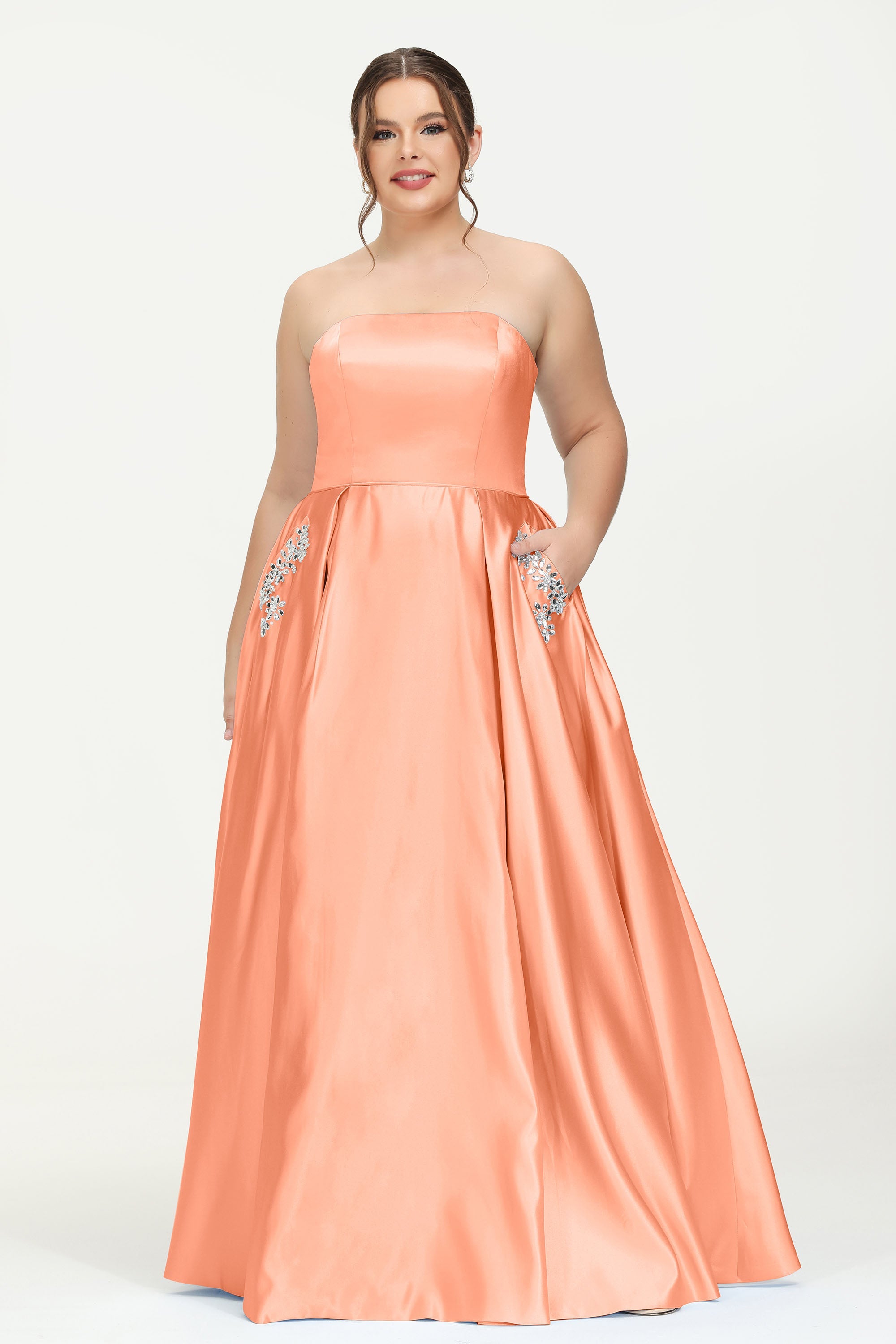 Strapless Satin A Line Princess Dress Rhinestone Ruched Formal Evening Prom Party Dresses