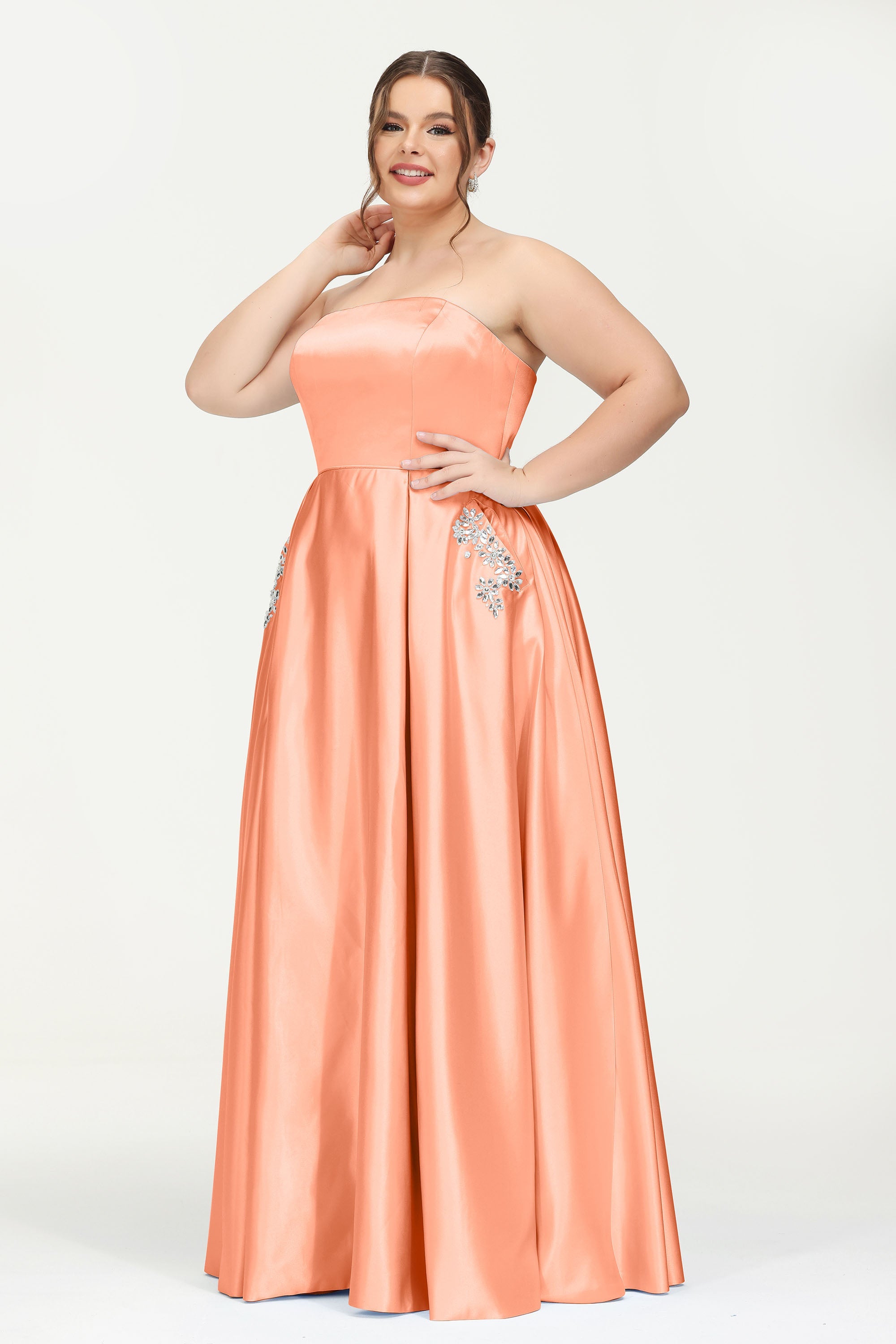 Strapless Satin A Line Princess Dress Rhinestone Ruched Formal Evening Prom Party Dresses