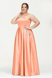 Strapless Satin A Line Princess Dress Rhinestone Ruched Formal Evening Prom Party Dresses