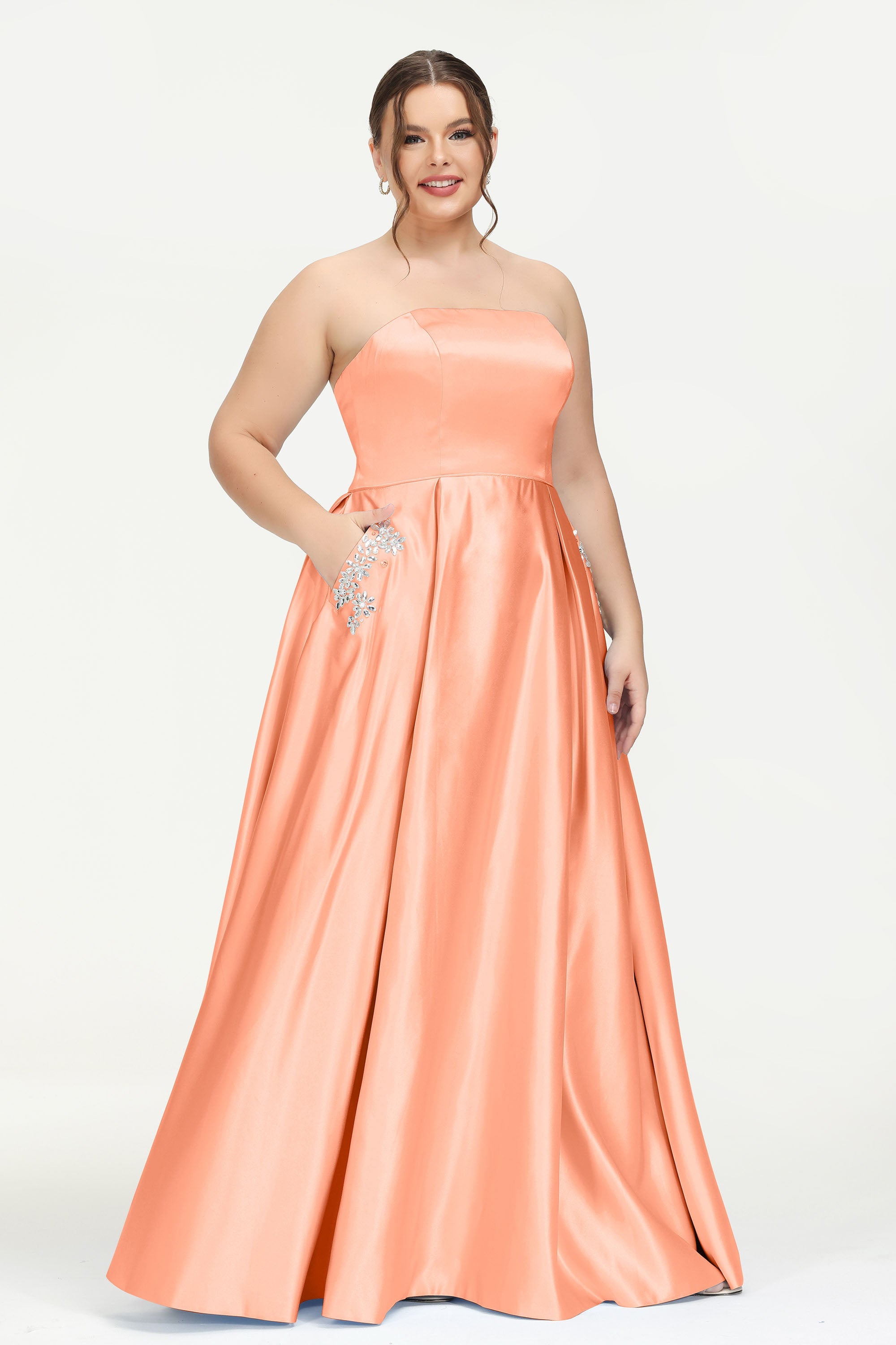 Strapless Satin A Line Princess Dress Rhinestone Ruched Formal Evening Prom Party Dresses