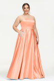 Strapless Satin A Line Princess Dress Rhinestone Ruched Formal Evening Prom Party Dresses