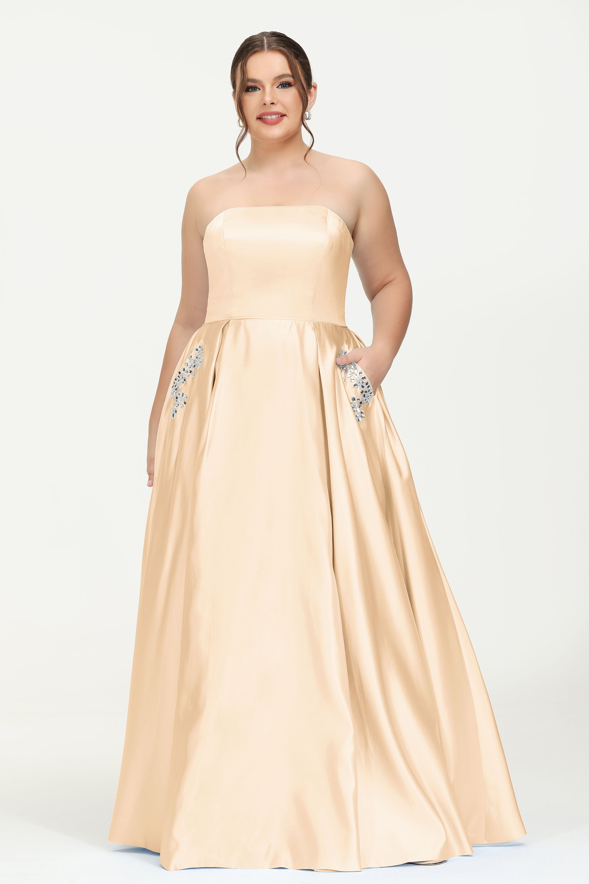 Strapless Satin A Line Princess Dress Rhinestone Ruched Formal Evening Prom Party Dresses