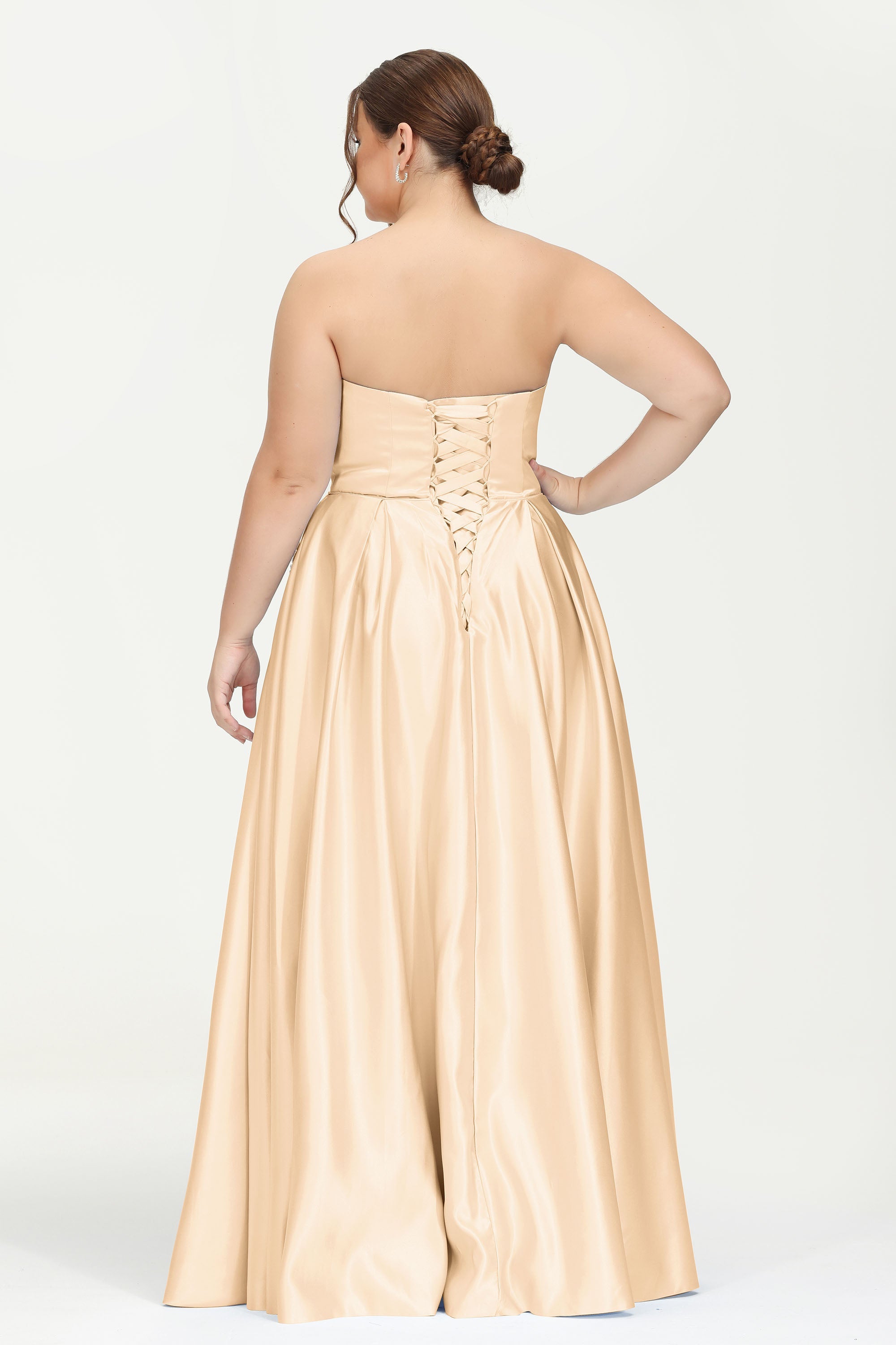 Strapless Satin A Line Princess Dress Rhinestone Ruched Formal Evening Prom Party Dresses