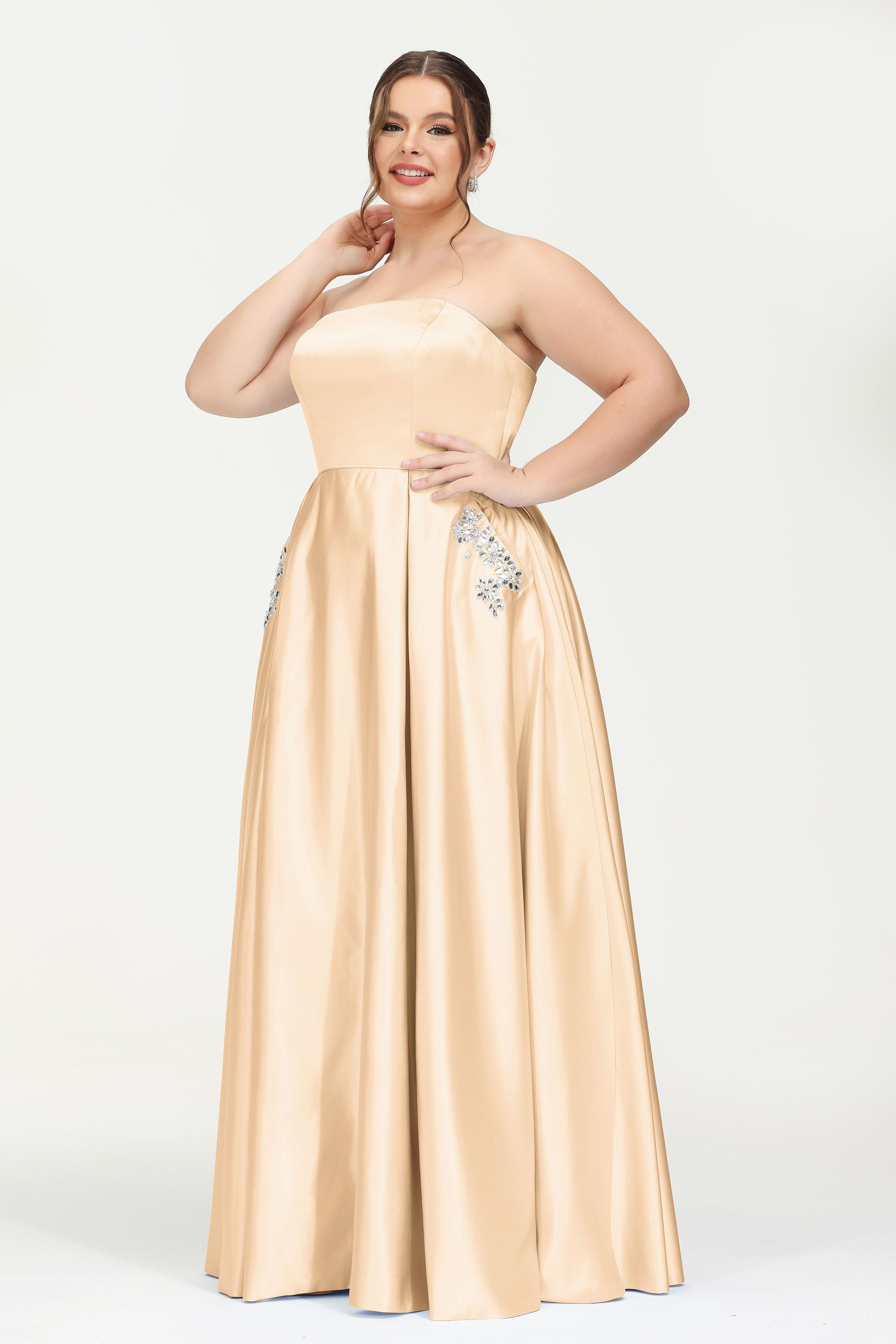 Strapless Satin A Line Princess Dress Rhinestone Ruched Formal Evening Prom Party Dresses