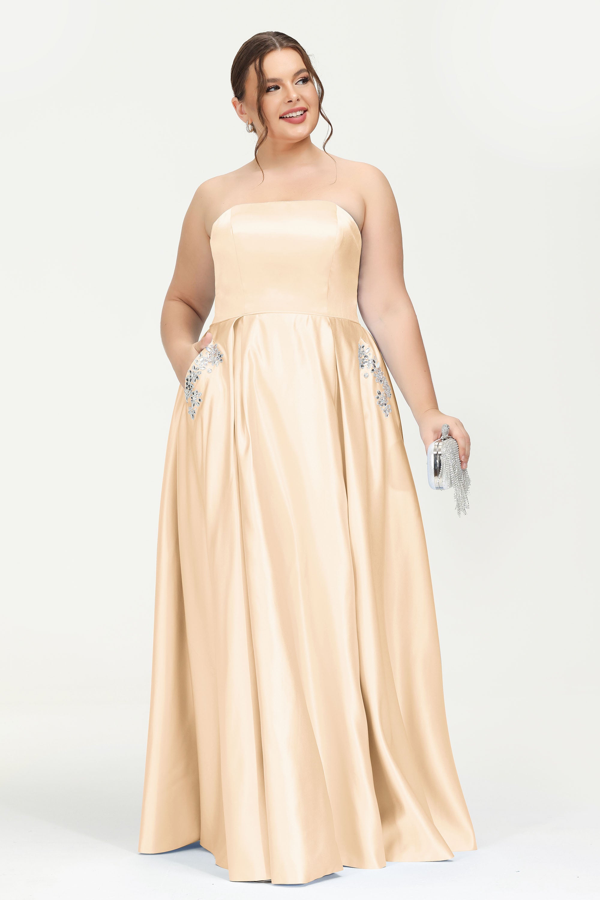Strapless Satin A Line Princess Dress Rhinestone Ruched Formal Evening Prom Party Dresses