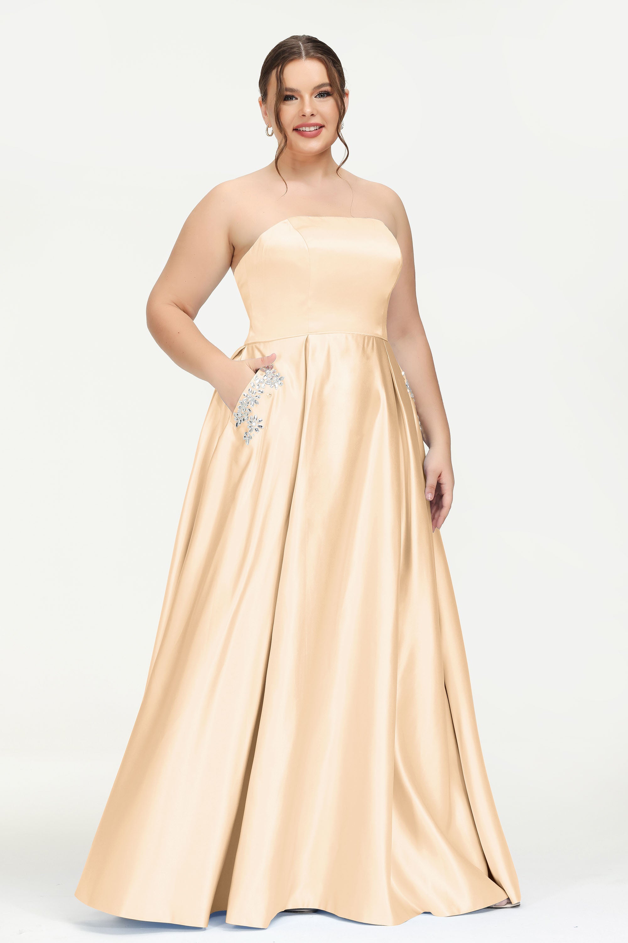 Strapless Satin A Line Princess Dress Rhinestone Ruched Formal Evening Prom Party Dresses