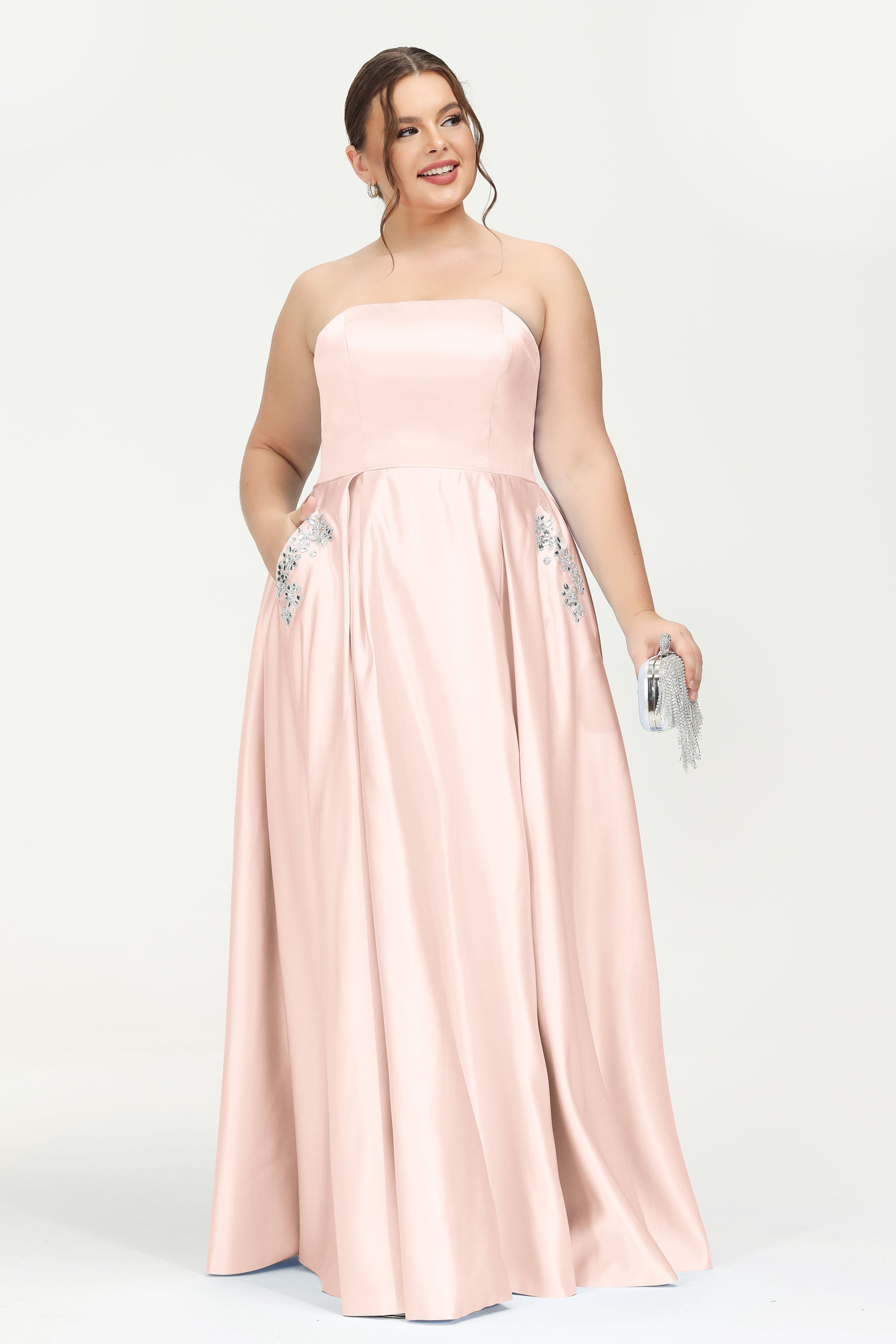 Strapless Satin A Line Princess Dress Rhinestone Ruched Formal Evening Prom Party Dresses